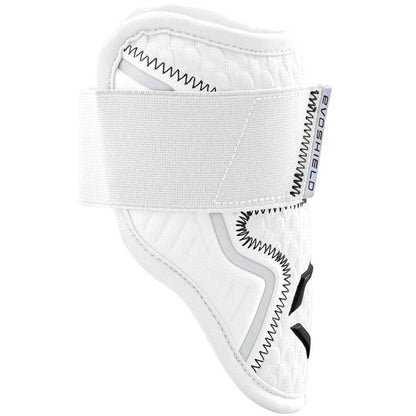 The EvoShield PRO-SRZ 2.0 Batter's Elbow Guard (WB572600) is a white, padded guard with black stitching, a wide adjustable strap, and uses Gel-to-Shell Technology for custom fit and protection. Features bold EvoShield branding.
