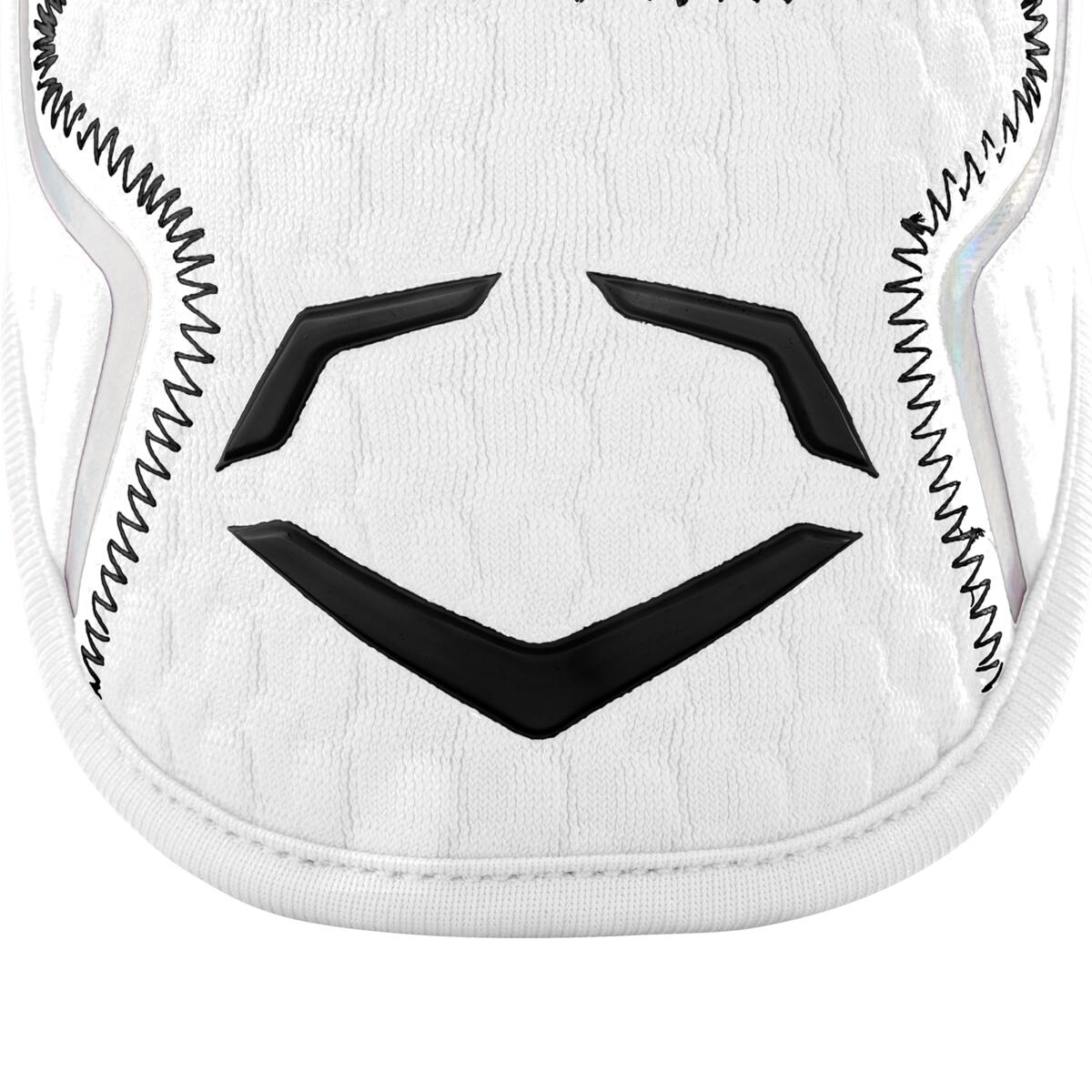 Close-up of a white sports glove with black stitching and angular designs above a black chevron, featuring EvoShield PRO-SRZ 2.0 Batter's Elbow Guard (WB572600)-inspired details by EvoShield.