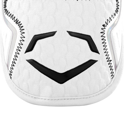 Close-up of a white sports glove with black stitching and angular designs above a black chevron, featuring EvoShield PRO-SRZ 2.0 Batter's Elbow Guard (WB572600)-inspired details by EvoShield.