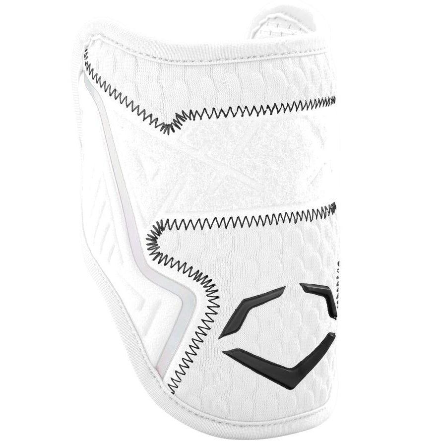 The EvoShield PRO-SRZ 2.0 Batter's Elbow Guard by EvoShield features a white padded design with black zigzag stitching, a black geometric logo, quilted texture, and advanced Gel-to-Shell Technology for enhanced protection.