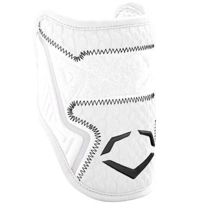 The EvoShield PRO-SRZ 2.0 Batter's Elbow Guard by EvoShield features a white padded design with black zigzag stitching, a black geometric logo, quilted texture, and advanced Gel-to-Shell Technology for enhanced protection.