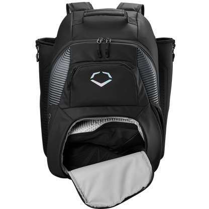 The EvoShield Tone Set Backpack: WB57304 is a black, water-resistant bag with front zipper pocket, side pockets, padded shoulder straps, ventilated lower compartment (flap open), and a geometric logo—perfect for baseball gear.