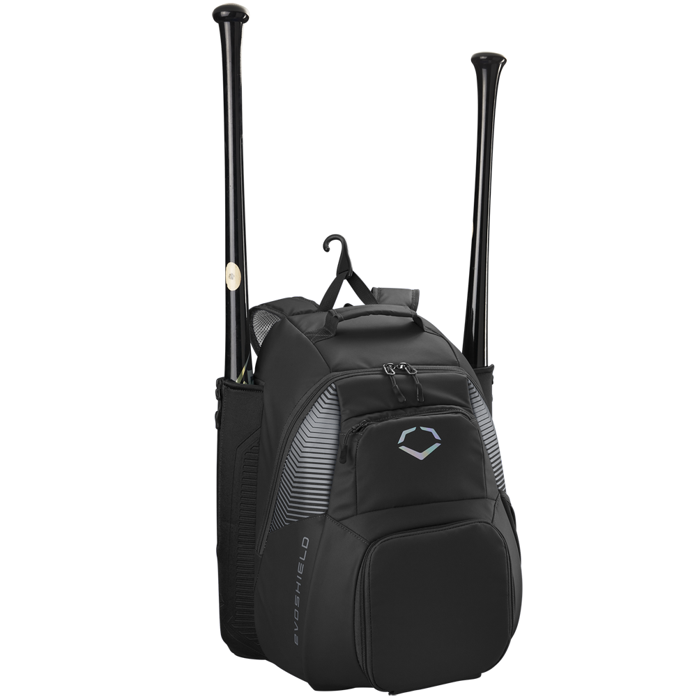 The EvoShield Tone Set Backpack (WB57304) by EvoShield is a black, water-resistant baseball gear bag with vertical bat sleeves for two bats, a central zipper compartment, front pocket, and a small top handle.