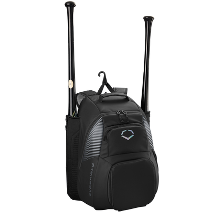 The EvoShield Tone Set Backpack (WB57304) by EvoShield is a black, water-resistant baseball gear bag with vertical bat sleeves for two bats, a central zipper compartment, front pocket, and a small top handle.