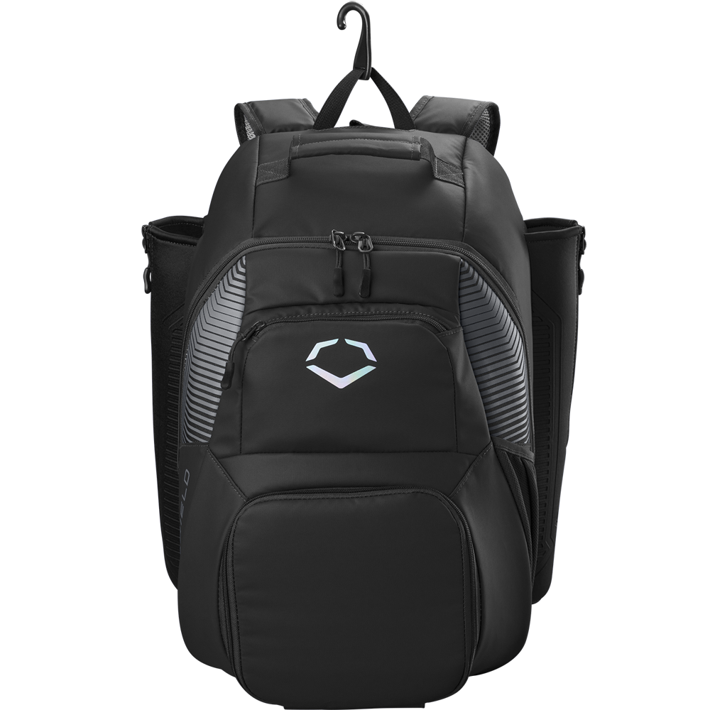 The EvoShield Tone Set Backpack: WB57304 by EvoShield is water resistant, with multiple zippered compartments, two side pockets, a front geometric logo, top handle, padded shoulder straps, and hanging hook—ideal for daily use or baseball gear.