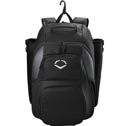 The EvoShield Tone Set Backpack: WB57304 by EvoShield is water resistant, with multiple zippered compartments, two side pockets, a front geometric logo, top handle, padded shoulder straps, and hanging hook—ideal for daily use or baseball gear.
