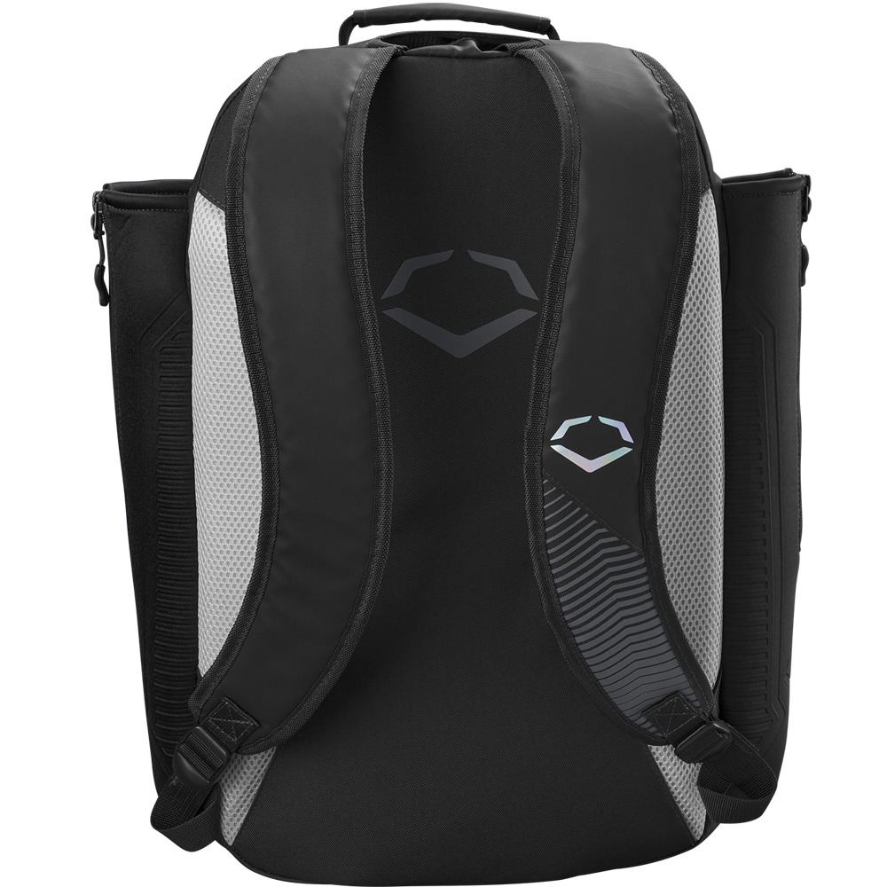 The EvoShield Tone Set Backpack (WB57304) by EvoShield is a sleek black and grey, water-resistant bag ideal for daily use or carrying baseball gear.