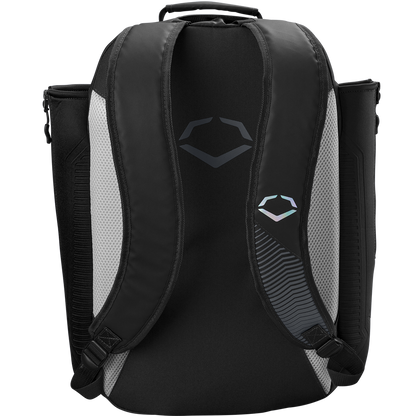 The EvoShield Tone Set Backpack (WB57304) by EvoShield is a sleek black and grey, water-resistant bag ideal for daily use or carrying baseball gear.