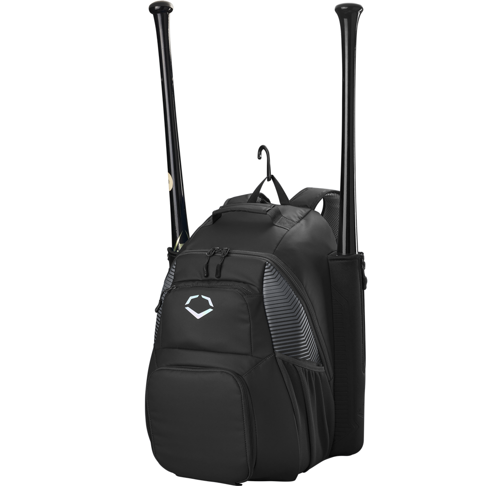The EvoShield Tone Set Backpack (WB57304) is a black, water-resistant baseball gear bag by EvoShield with side bat sleeves for two bats, a white front logo, and a top hook for hanging.