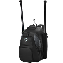 The EvoShield Tone Set Backpack (WB57304) is a black, water-resistant baseball gear bag by EvoShield with side bat sleeves for two bats, a white front logo, and a top hook for hanging.