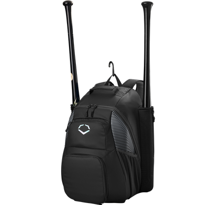 The EvoShield Tone Set Backpack (WB57304) is a black, water-resistant baseball gear bag by EvoShield with side bat sleeves for two bats, a white front logo, and a top hook for hanging.