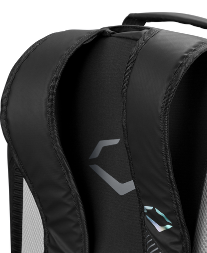 A close-up of the EvoShield Tone Set Backpack (WB57304) by EvoShield, a water-resistant bag ideal for everyday use or carrying your baseball gear.