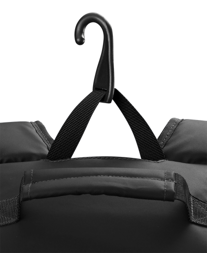 The EvoShield Tone Set Backpack: WB57304 by EvoShield is a black baseball gear bag with a hook, bat sleeves, and a water-resistant backpack design.