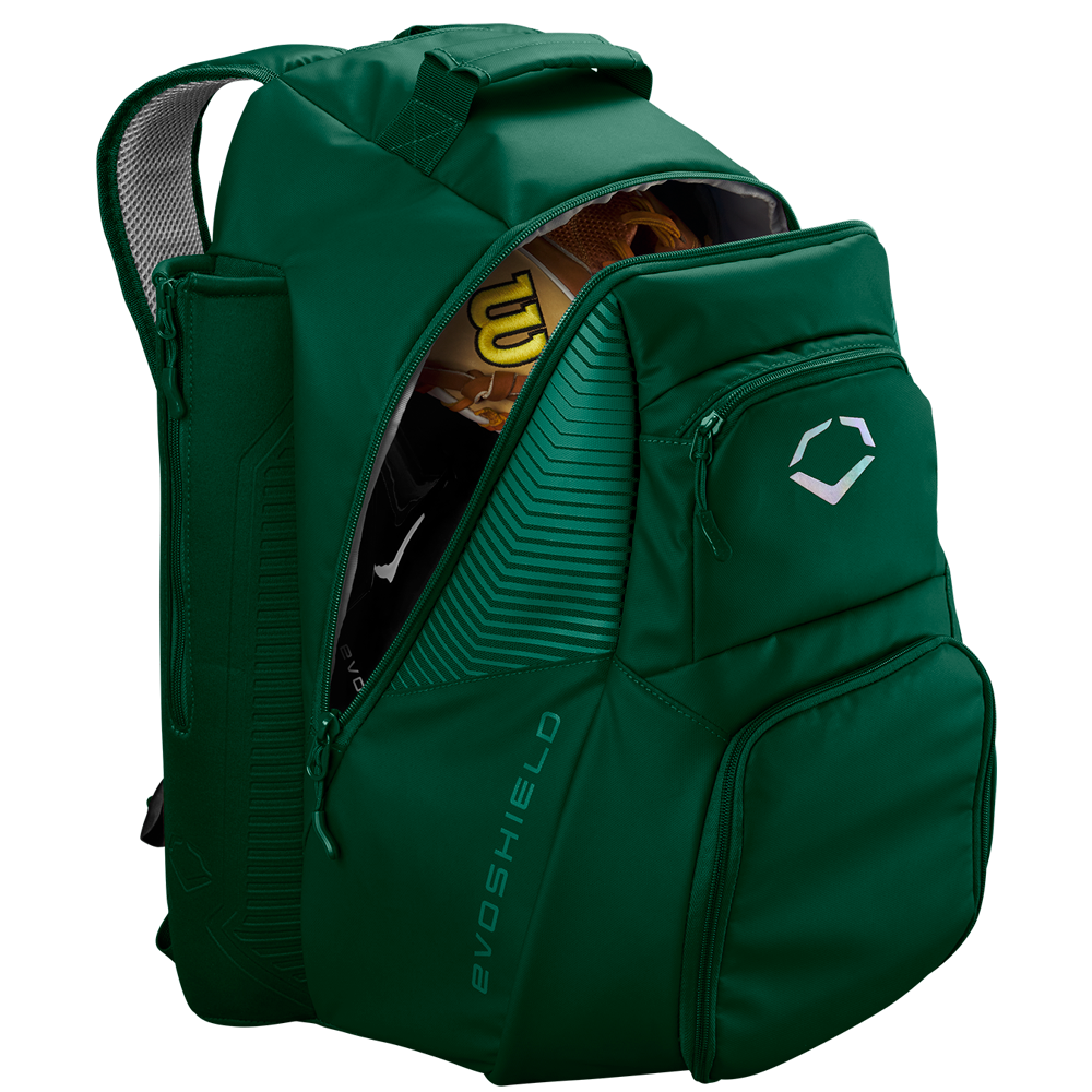 The EvoShield Tone Set Backpack: WB57304 by EvoShield is a green, water-resistant backpack with a white logo and bat sleeves for easy carrying—ideal for use as a baseball gear bag.