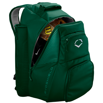 The EvoShield Tone Set Backpack: WB57304 by EvoShield is a green, water-resistant backpack with a white logo and bat sleeves for easy carrying—ideal for use as a baseball gear bag.