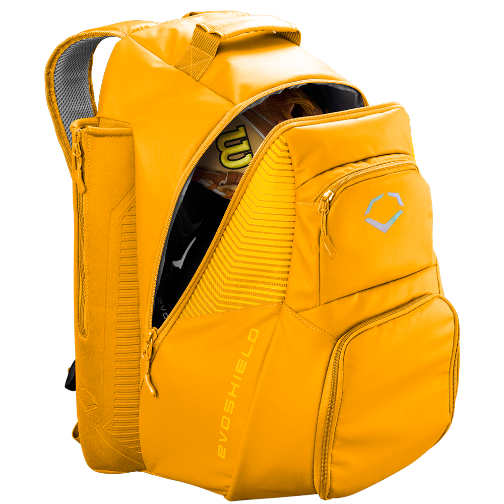 The EvoShield Tone Set Backpack: WB57304 is a bright yellow, water-resistant backpack with multiple compartments and zippers, bat sleeves, a top handle, and padded shoulder straps—perfect for carrying your baseball glove and bat.
