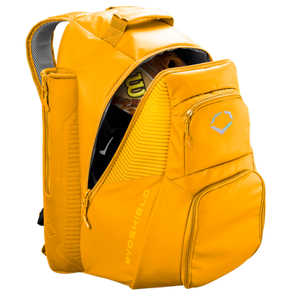 The EvoShield Tone Set Backpack: WB57304 is a bright yellow, water-resistant backpack with multiple compartments and zippers, bat sleeves, a top handle, and padded shoulder straps—perfect for carrying your baseball glove and bat.