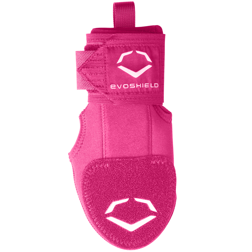 The EvoShield Youth Sliding Mitt: WB573380 is a bright pink glove with white logos, Velcro straps for adjustment, and a carrying loop—ideal as protective gear for young athletes.