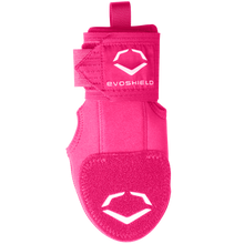 The EvoShield Youth Sliding Mitt: WB573380 is a bright pink glove with white logos, Velcro straps for adjustment, and a carrying loop—ideal as protective gear for young athletes.