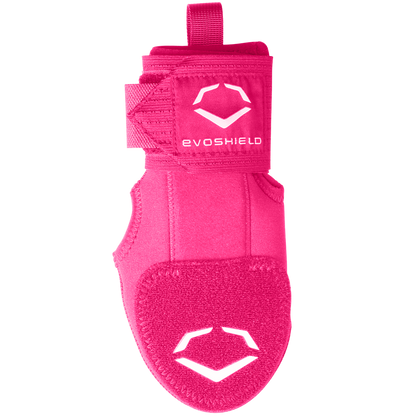 The EvoShield Youth Sliding Mitt: WB573380 is a bright pink glove with white logos, Velcro straps for adjustment, and a carrying loop—ideal as protective gear for young athletes.