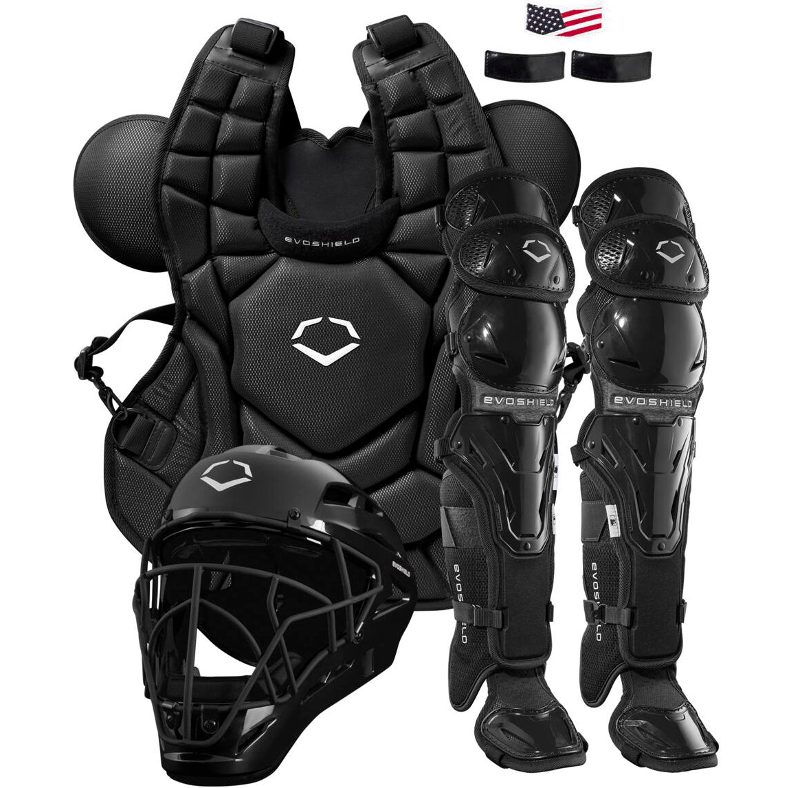 The EvoShield G2S Baseball Catcher's Gear Kit (WB5744401) includes a black helmet, SEI-certified chest protector, leg guards, elbow guards, an American flag patch, and two black wristbands—all by EvoShield.