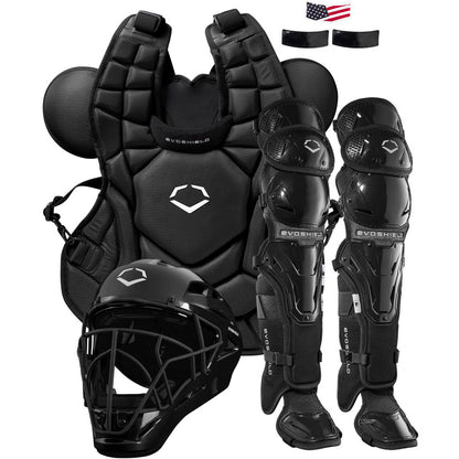The EvoShield G2S Baseball Catcher's Gear Kit (WB5744401) includes a black helmet, SEI-certified chest protector, leg guards, elbow guards, an American flag patch, and two black wristbands—all by EvoShield.