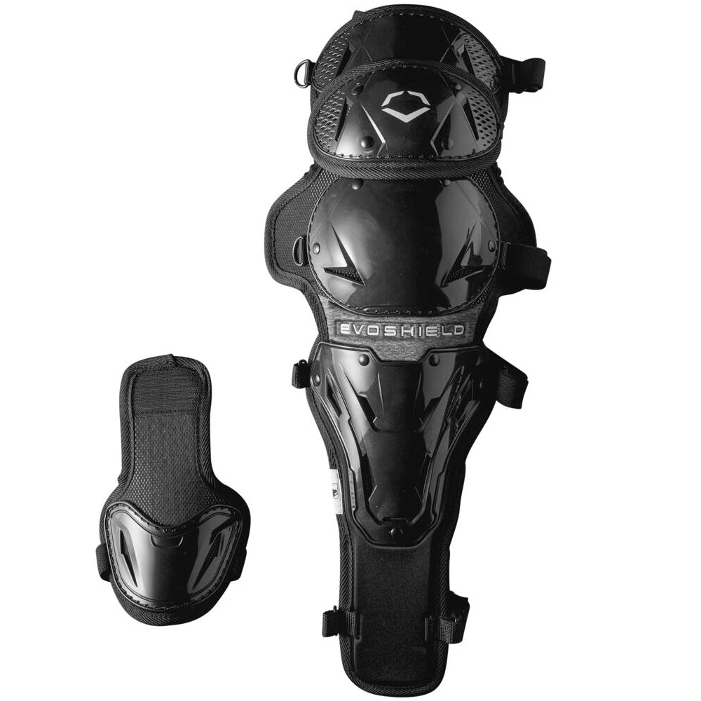 The EvoShield G2S Baseball Catcher's Gear Kit (WB5744401) includes glossy black leg and ankle guards with mesh padding, knee protection, and adjustable straps—ideal additions to any catcher’s kit.