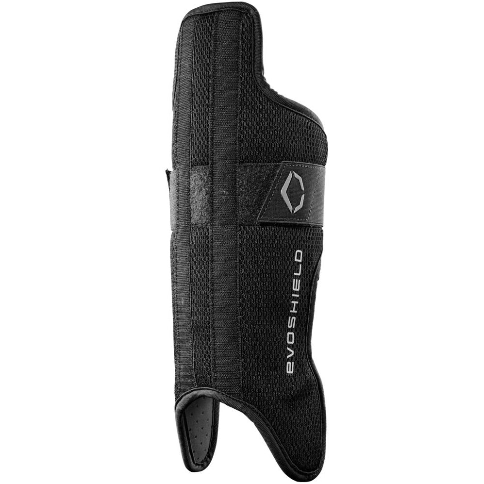 The EvoShield G2S Baseball Catcher's Gear Kit (WB5744401) features a black protective guard with a textured surface, visible stitching, central strap, and white EvoShield logo—an essential for any baseball catcher’s equipment.