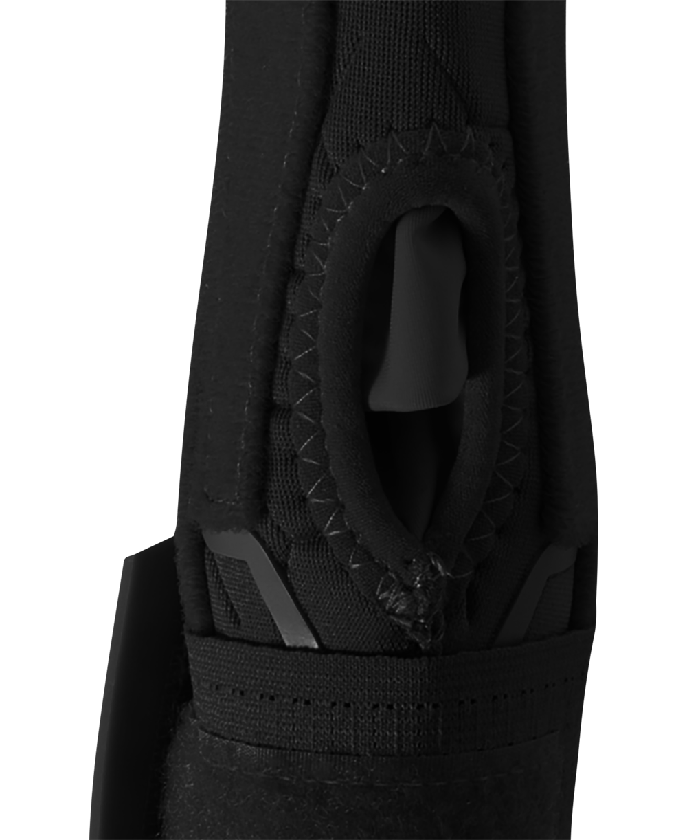 A close-up of the EvoShield Sliding Mitt 2.0 (WB57537) by EvoShield, featuring a black fabric design, keyhole-shaped opening, and detailed stitching for enhanced wrist and thumb protection during slides.