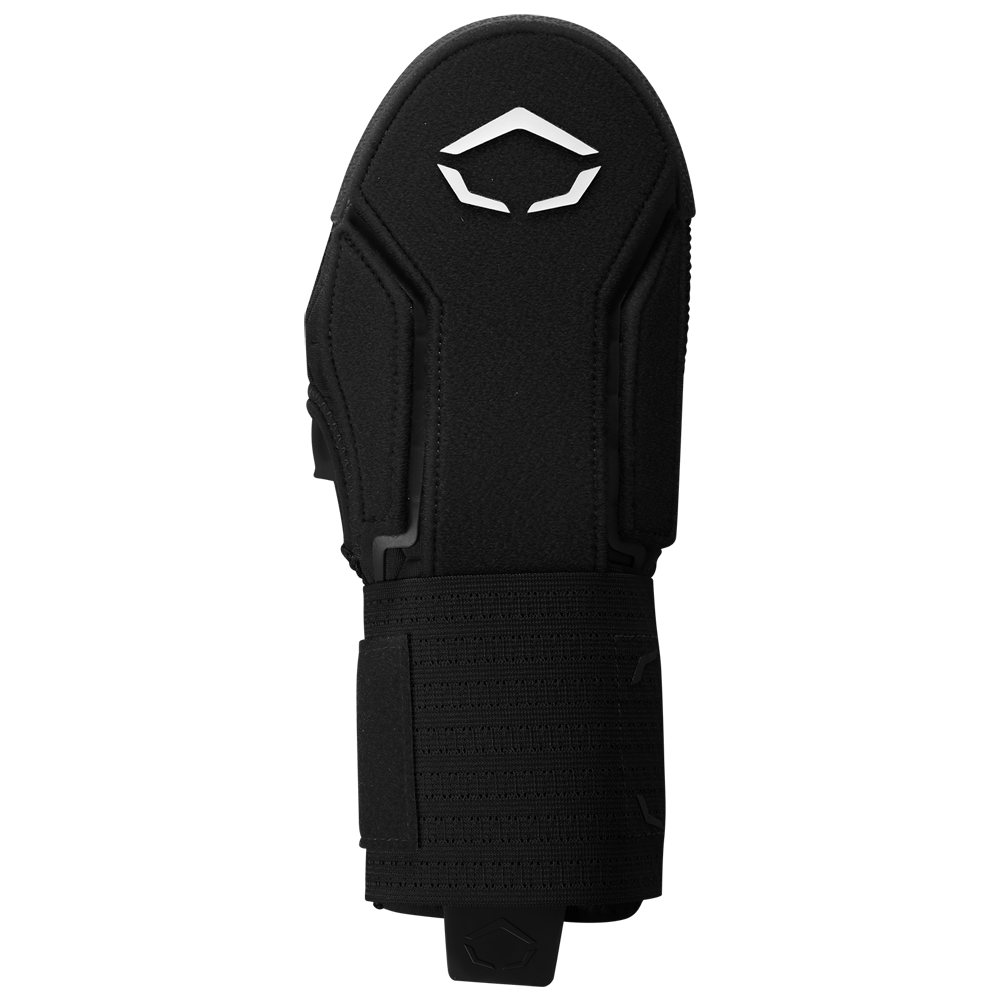 The EvoShield Sliding Mitt 2.0 (WB57537) by EvoShield is a black protective baseball mitt with a reinforced wrist strap and white angular logo on the back, shown against a plain white background for optimal hand protection.