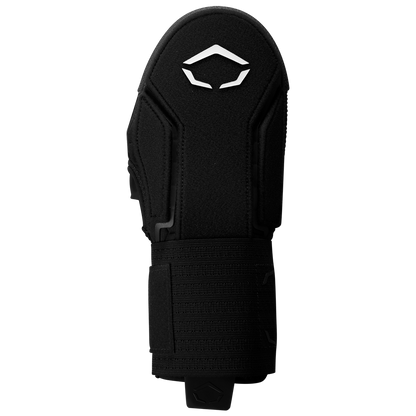 The EvoShield Sliding Mitt 2.0 (WB57537) by EvoShield is a black protective baseball mitt with a reinforced wrist strap and white angular logo on the back, shown against a plain white background for optimal hand protection.