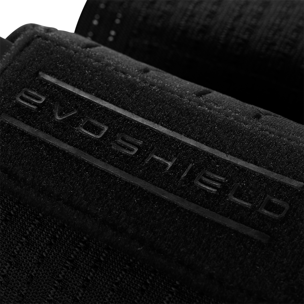 Close-up of the EvoShield Sliding Mitt 2.0 (WB57537), a black fabric baseball sliding mitt featuring the raised EvoShield logo on its textured strap, designed to offer superior hand protection.