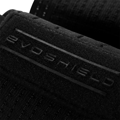 Close-up of the EvoShield Sliding Mitt 2.0 (WB57537), a black fabric baseball sliding mitt featuring the raised EvoShield logo on its textured strap, designed to offer superior hand protection.