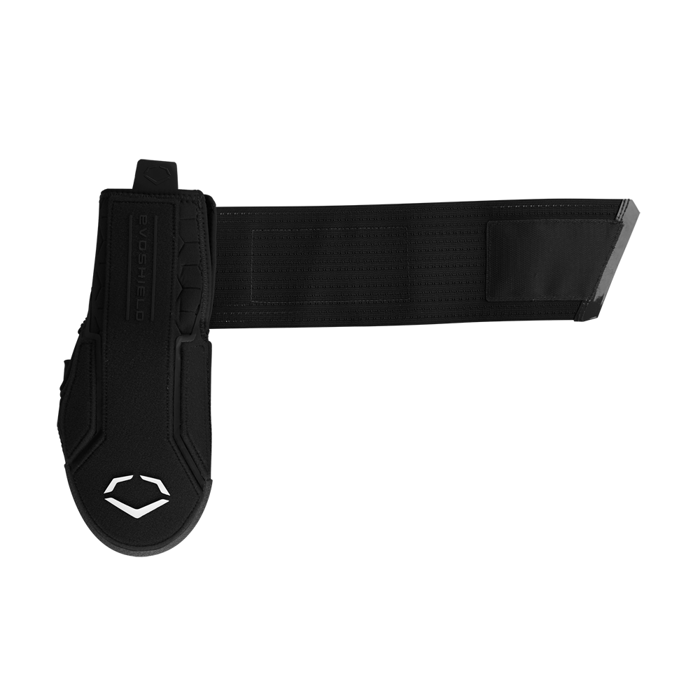 The EvoShield Sliding Mitt 2.0 (WB57537) by EvoShield is a black athletic belt with a protective pad featuring a white logo, designed like a baseball sliding mitt. It offers hand protection and includes an adjustable strap with hook-and-loop closure.
