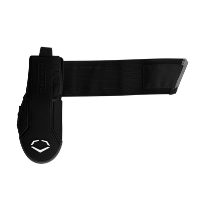 The EvoShield Sliding Mitt 2.0 (WB57537) by EvoShield is a black athletic belt with a protective pad featuring a white logo, designed like a baseball sliding mitt. It offers hand protection and includes an adjustable strap with hook-and-loop closure.