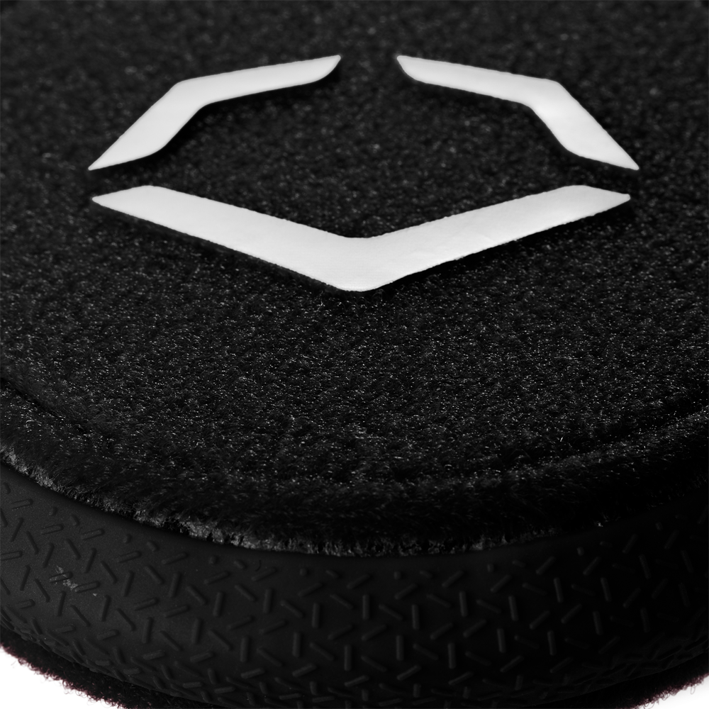 Close-up of the EvoShield Sliding Mitt 2.0 (WB57537) by EvoShield, featuring a black textured surface with a white geometric logo and a patterned rubber edge for enhanced hand protection.