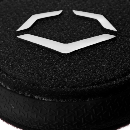 Close-up of the EvoShield Sliding Mitt 2.0 (WB57537) by EvoShield, featuring a black textured surface with a white geometric logo and a patterned rubber edge for enhanced hand protection.