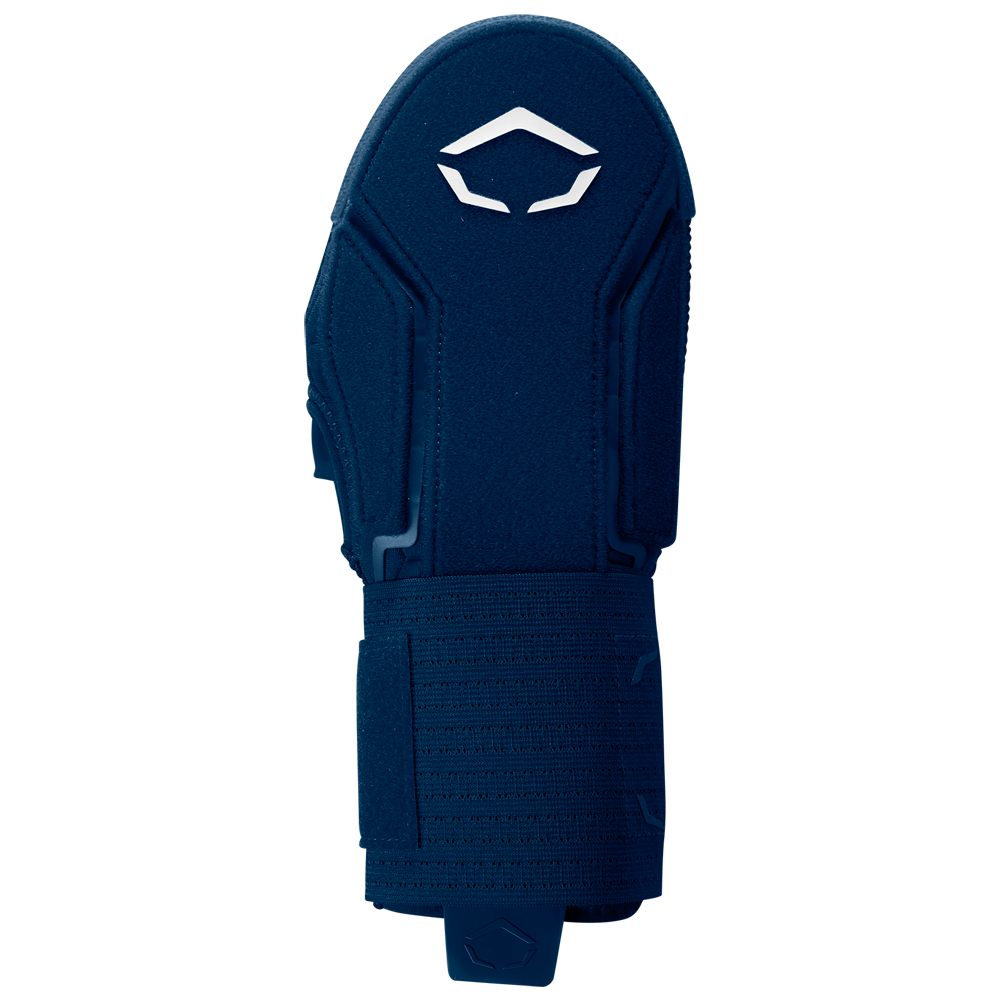 The EvoShield Sliding Mitt 2.0 (WB57537) by EvoShield is a navy blue mitt featuring a reinforced shield design on the back for superior protection and a white geometric logo near the wrist, shown palm-down against a plain background.