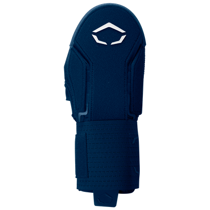 The EvoShield Sliding Mitt 2.0 (WB57537) by EvoShield is a navy blue mitt featuring a reinforced shield design on the back for superior protection and a white geometric logo near the wrist, shown palm-down against a plain background.