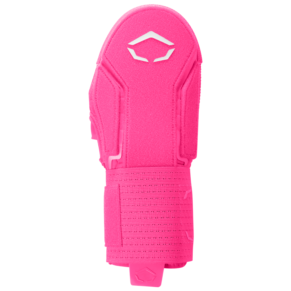 The EvoShield Sliding Mitt 2.0: WB57537 by EvoShield is a bright pink athletic wrist guard with a white geometric logo and adjustable strap, designed to protect your hand and shown on a plain white background.