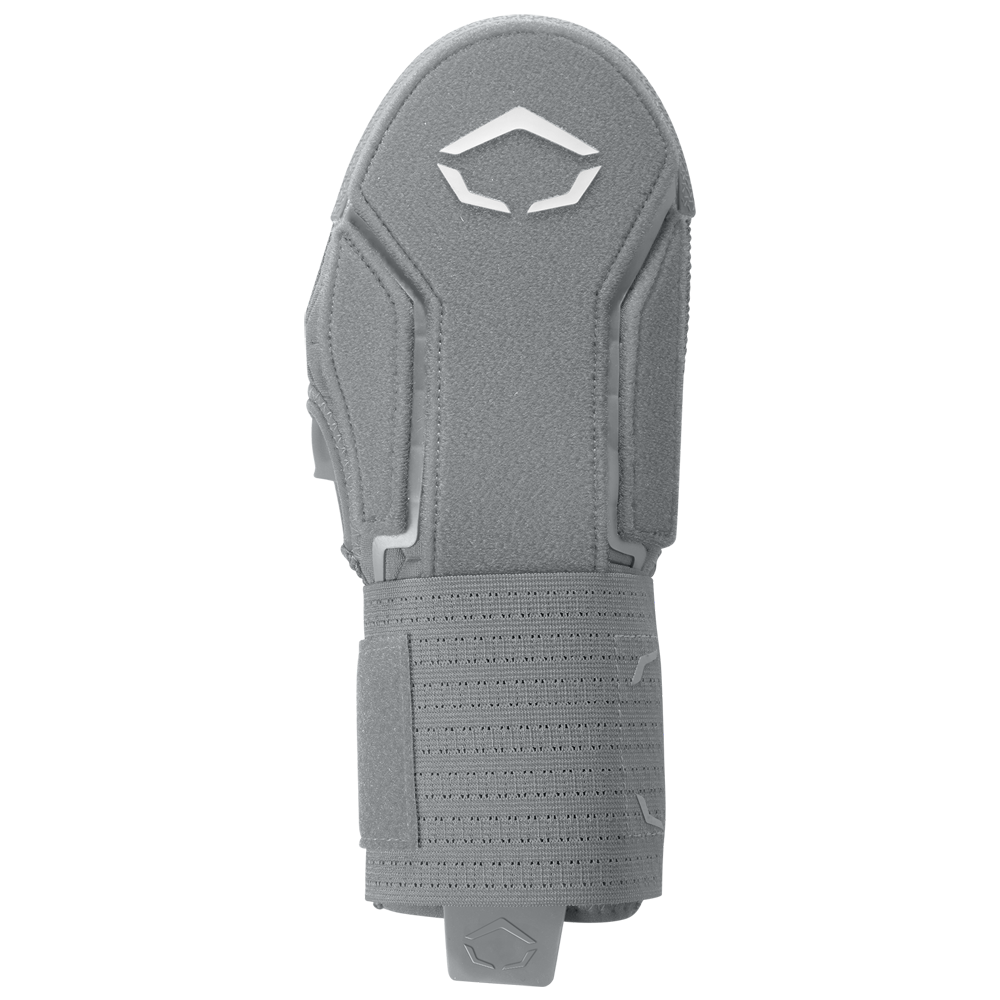 The EvoShield Sliding Mitt 2.0 (WB57537) by EvoShield is a single gray mitt featuring a textured surface, reinforced hand padding, and an adjustable wrist strap, shown from above on a white background.