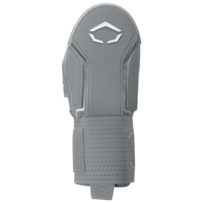 The EvoShield Sliding Mitt 2.0 (WB57537) by EvoShield is a single gray mitt featuring a textured surface, reinforced hand padding, and an adjustable wrist strap, shown from above on a white background.