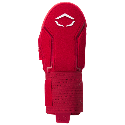 The EvoShield Sliding Mitt 2.0 (WB57537) by EvoShield is a red mitt featuring a white geometric logo on the back and an adjustable wrist strap for secure hand protection, shown against a plain white background.