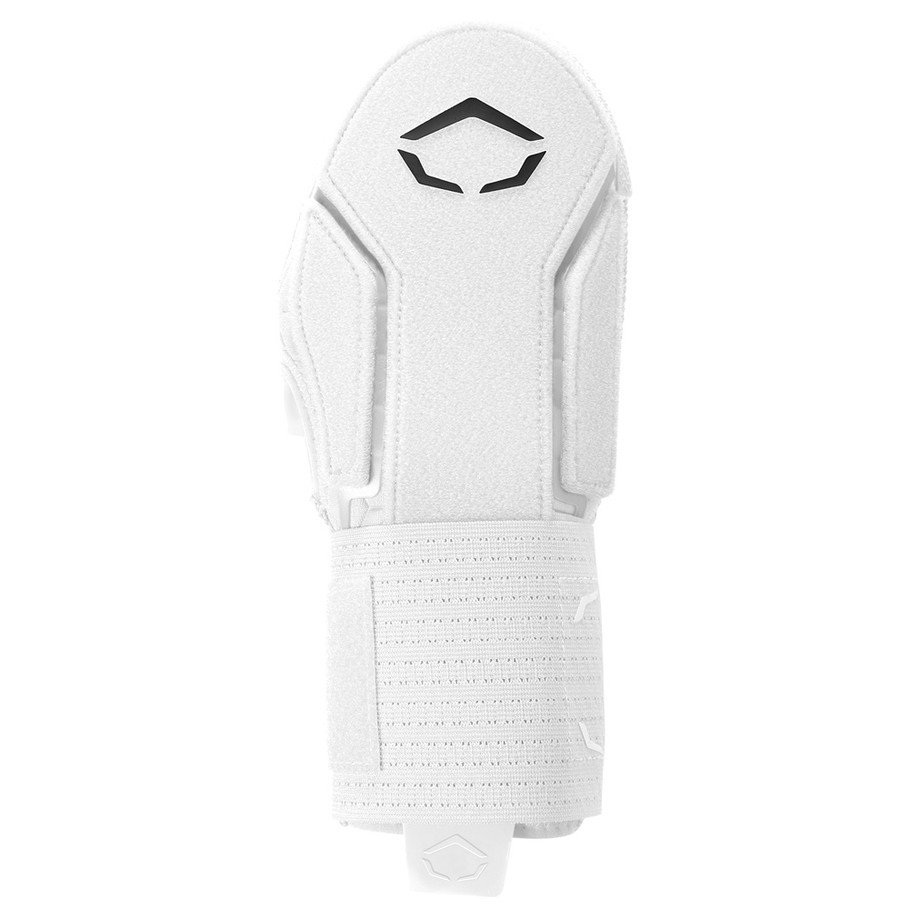 The EvoShield Sliding Mitt 2.0 (WB57537) by EvoShield features a white, textured surface, black geometric logo, and adjustable Velcro strap for secure hand protection, shown from above on a plain light background.