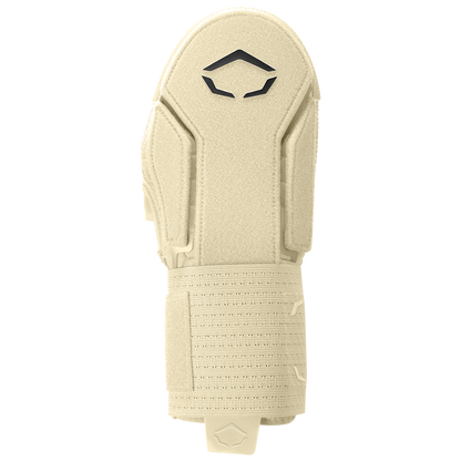 The EvoShield Sliding Mitt 2.0 (WB57537) by EvoShield is a beige sports wrist guard with a textured surface, wide adjustable strap, and black angular logo—ideal for baseball sliding mitt use. Shown vertically on a plain light background.