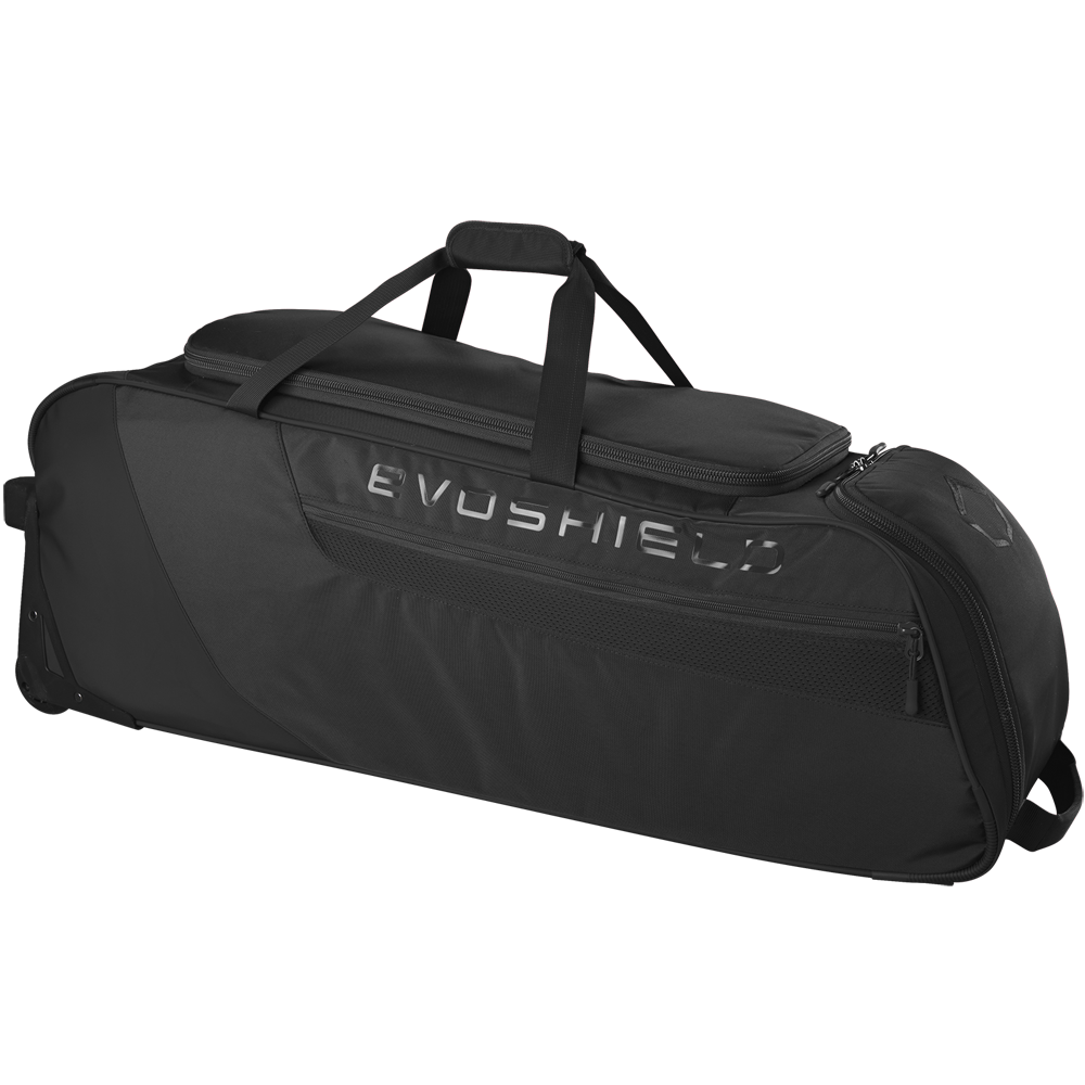The EvoShield Takeover Wheeled Bag (WB57572) is a spacious black gear bag with handles, top zipper, bat sleeves, and the EvoShield logo—ideal for organizing all your baseball equipment.