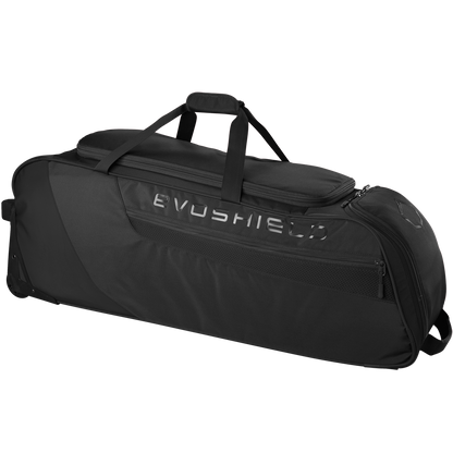 The EvoShield Takeover Wheeled Bag (WB57572) is a spacious black gear bag with handles, top zipper, bat sleeves, and the EvoShield logo—ideal for organizing all your baseball equipment.