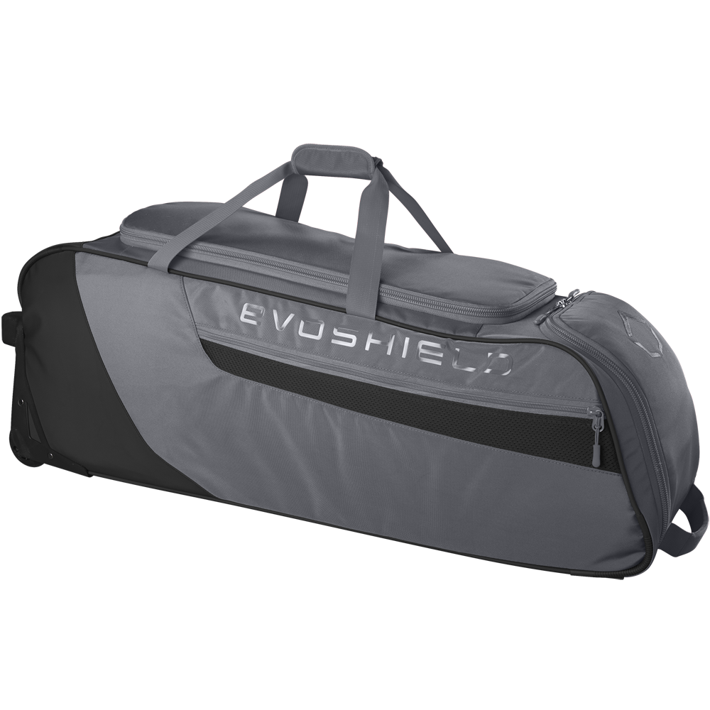 The EvoShield Takeover Wheeled Bag (WB57572) is a large gray baseball gear bag with black accents, side pocket, bat sleeves, carrying handles, and wheels for easy transport, shown against a plain white background.