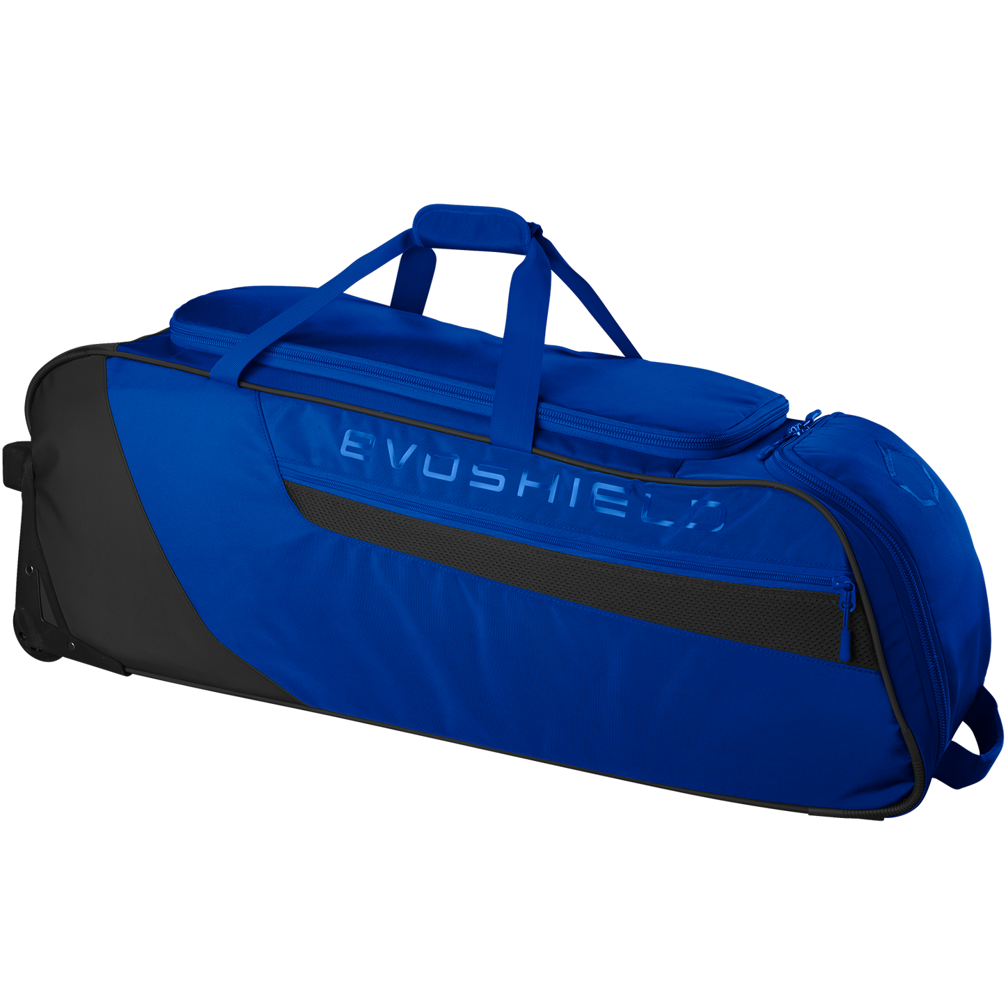 The EvoShield Takeover Wheeled Bag (WB57572) is a large blue and black baseball gear bag with a top handle, side pocket, bat sleeves, wheels for easy transport, and the EVOSHIELD logo embossed on the side.