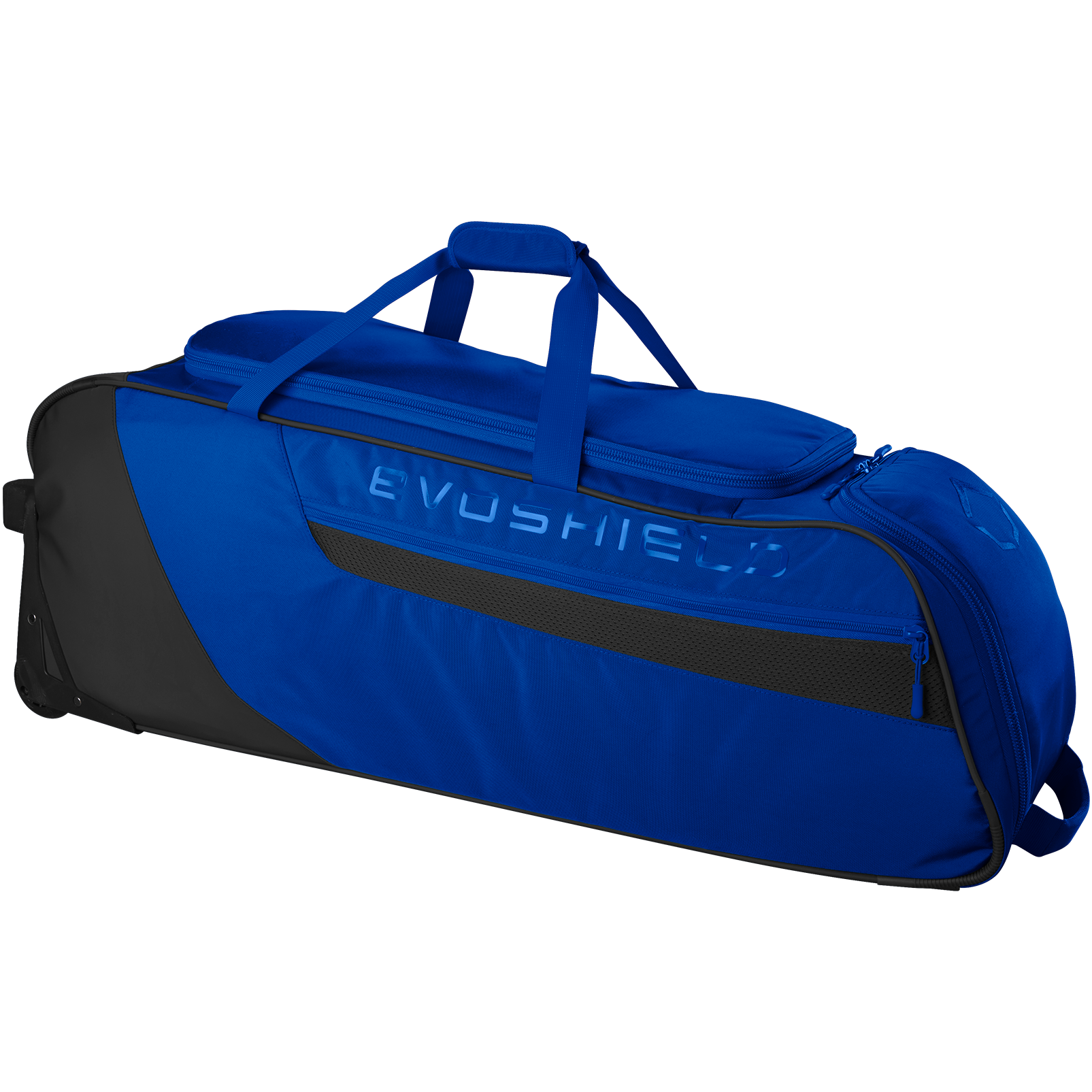 The EvoShield Takeover Wheeled Bag (WB57572) is a large blue and black baseball gear bag with a top handle, side pocket, bat sleeves, wheels for easy transport, and the EVOSHIELD logo embossed on the side.